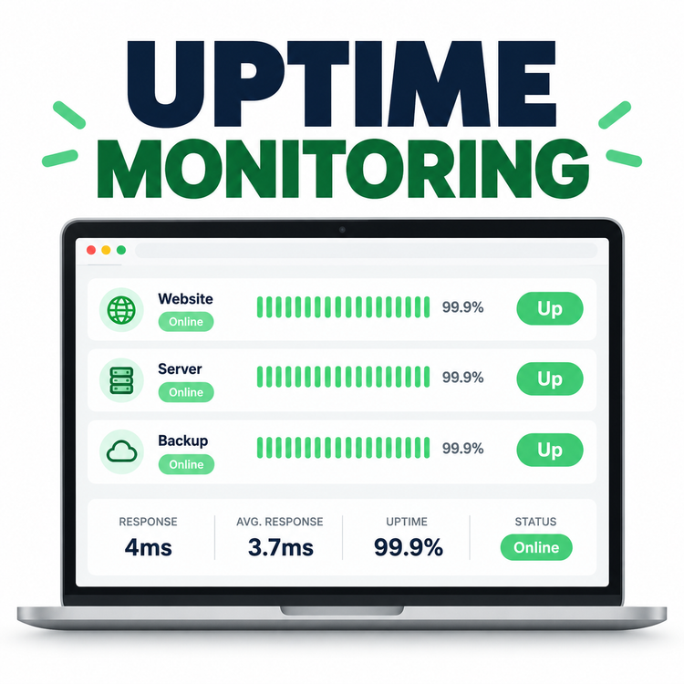 Kituwa IT uptime monitoring dashboard showing website, server, and backup services online