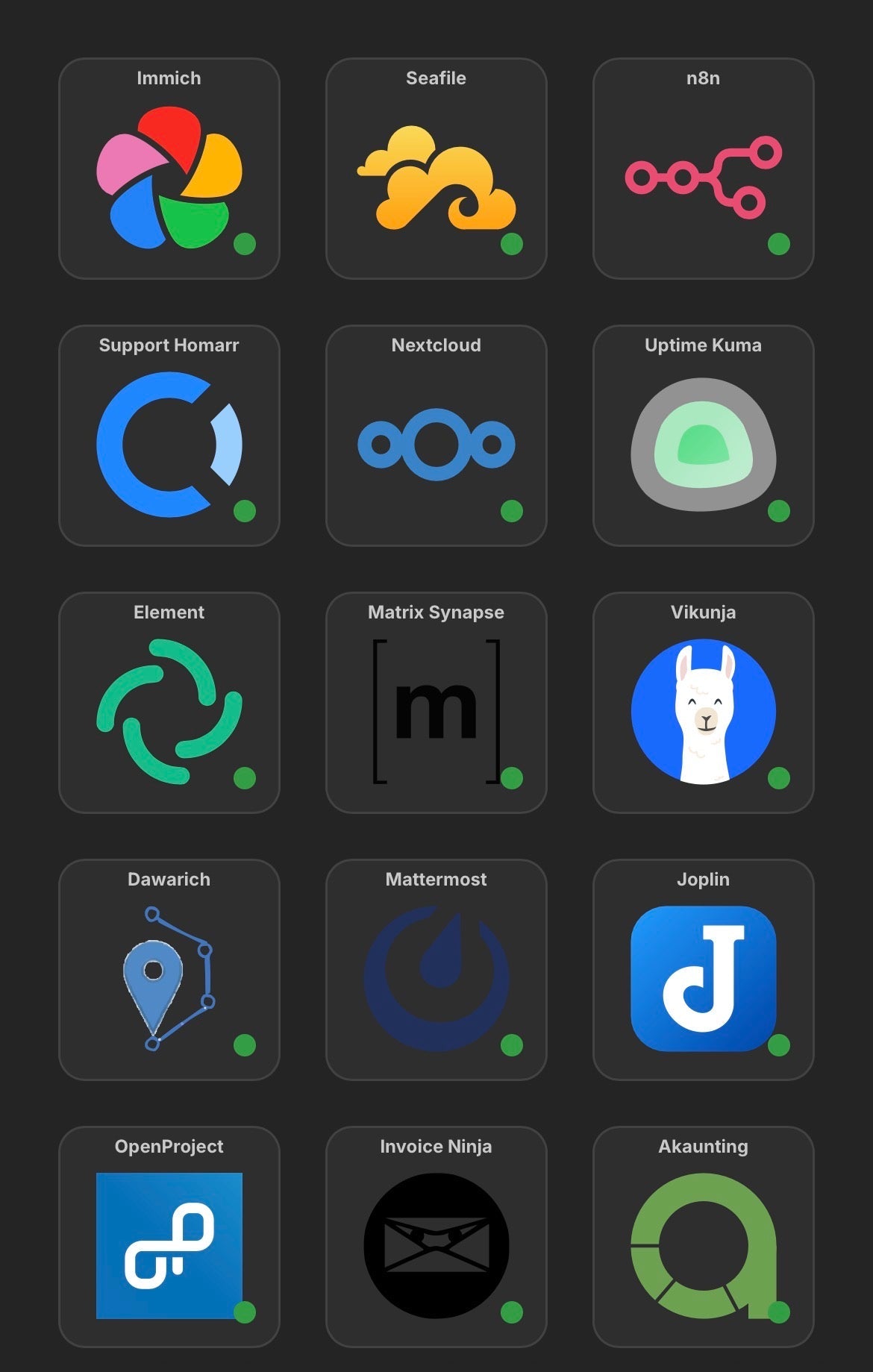 Kituwa IT Homarr dashboard with self-hosted service tiles and green status indicators
